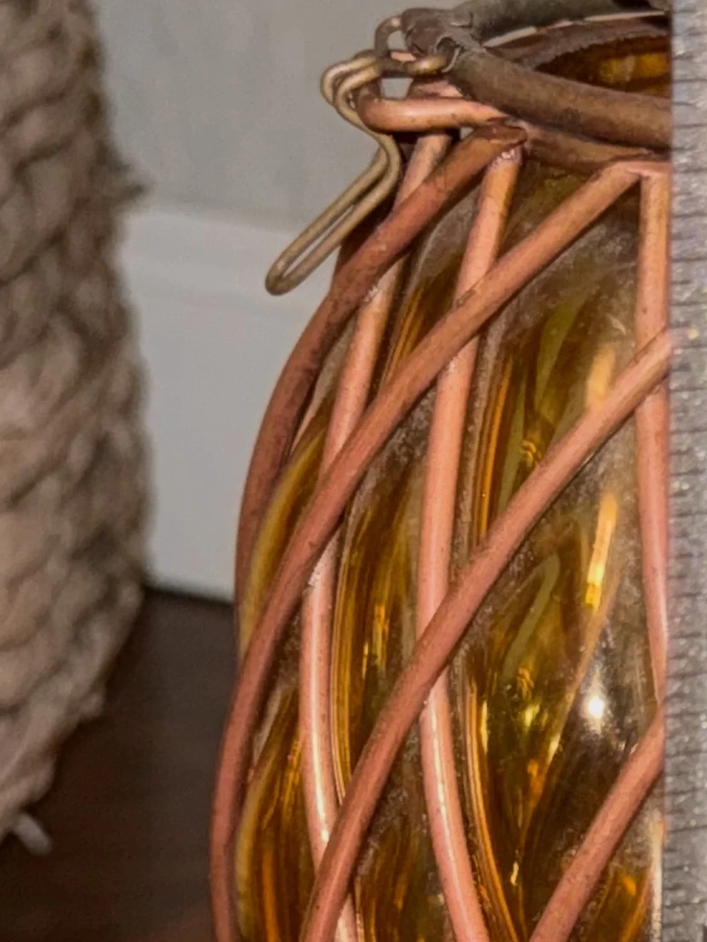 Vintage Caged Pineapple Copper Wire Blown Bubble Glass Candle Holder Enamel